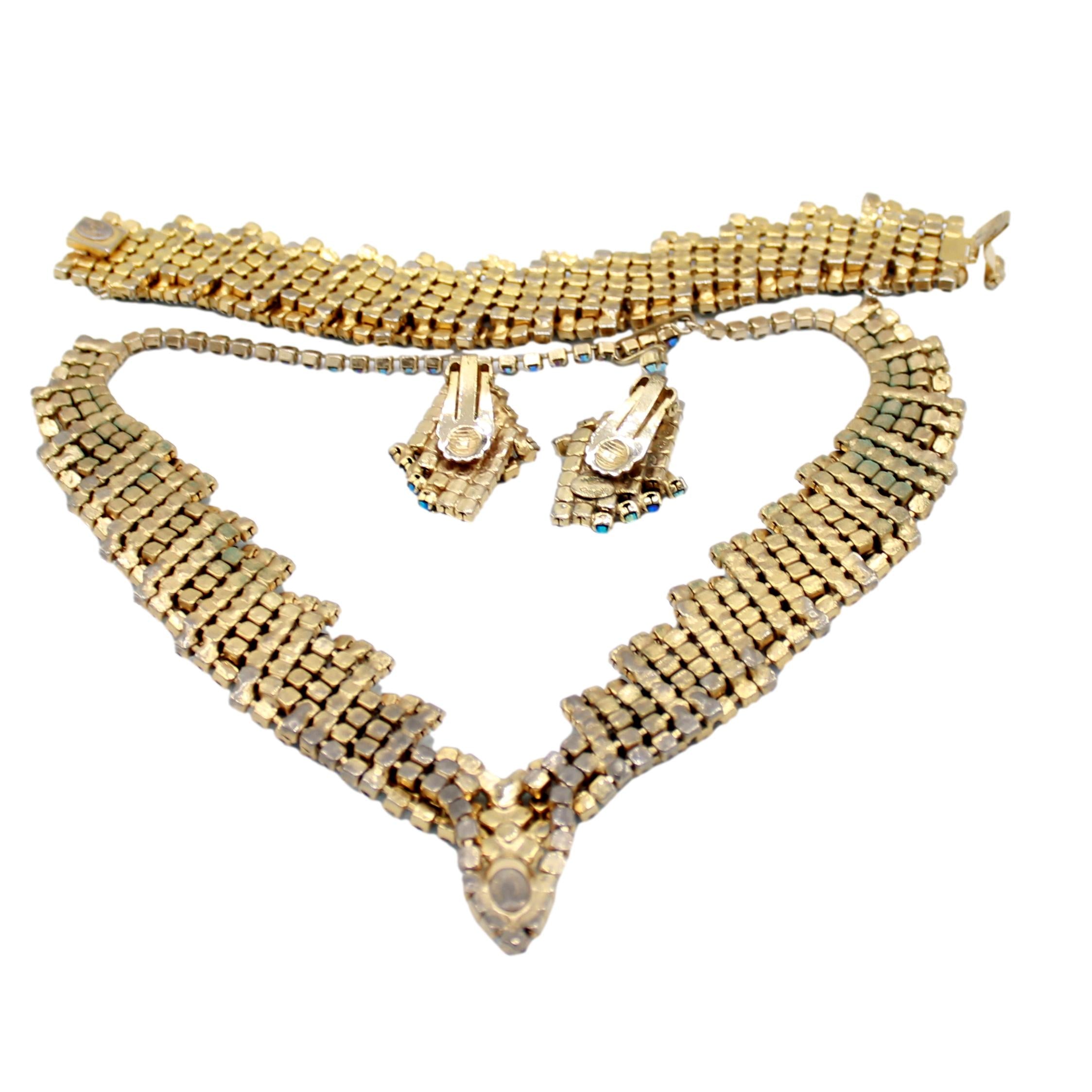 Vintage HATTIE CARNEGIE Blue Green AB Rhinestone Necklace Bracelet Earrings Set