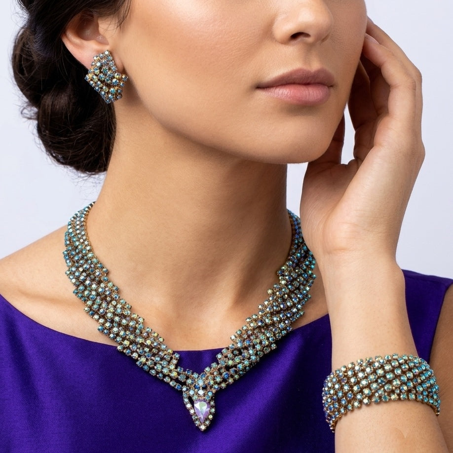 Vintage HATTIE CARNEGIE Blue Green AB Rhinestone Necklace Bracelet Earrings Set