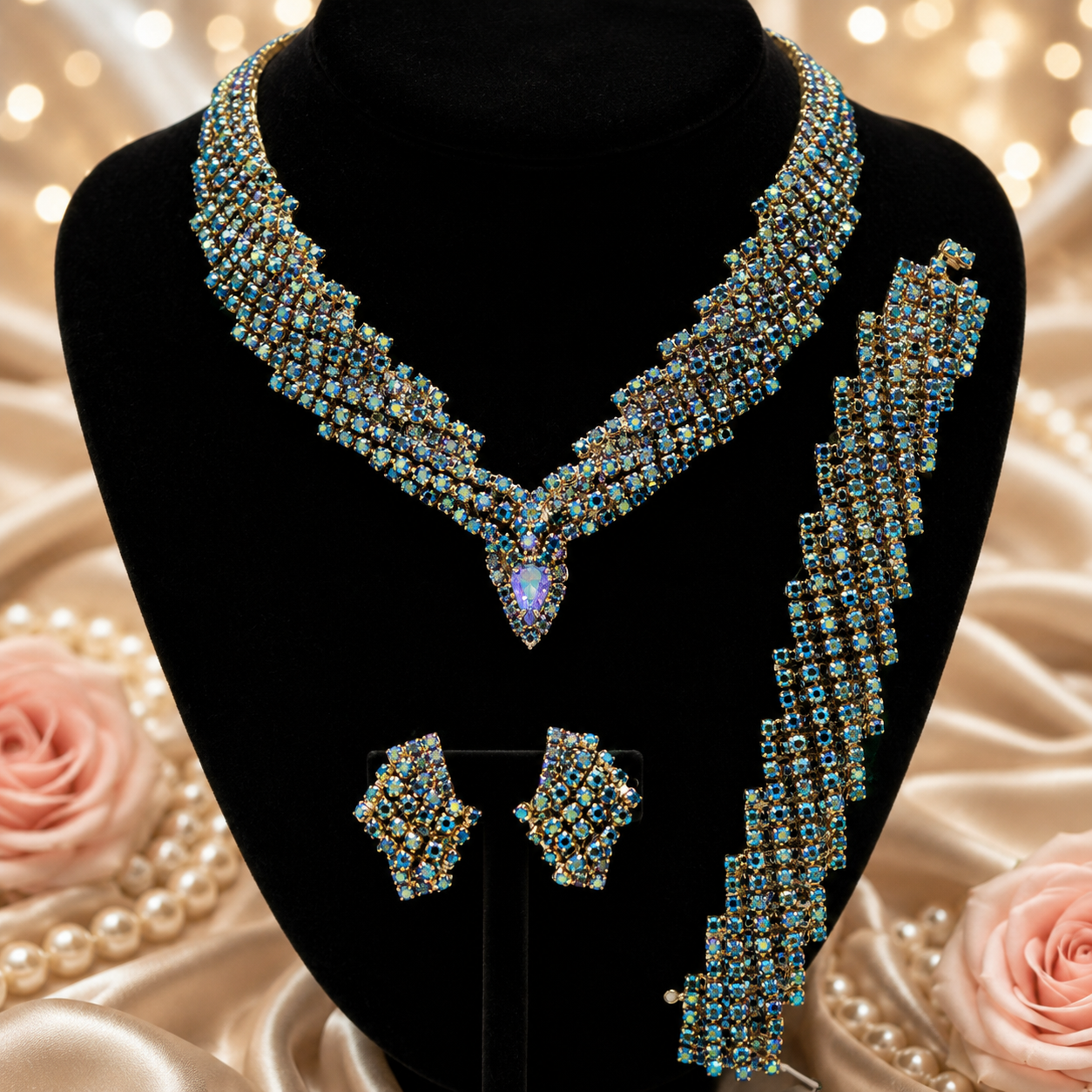 Vintage HATTIE CARNEGIE Blue Green AB Rhinestone Necklace Bracelet Earrings Set