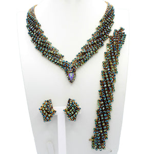 Vintage HATTIE CARNEGIE Blue Green AB Rhinestone Necklace Bracelet Earrings Set