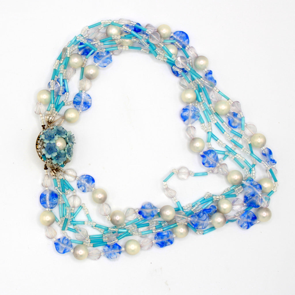 Vintage Japan 7-Strand Blue Swirled Art Glass Bead Faux Pearl Necklace