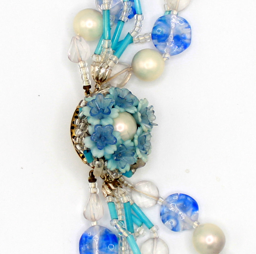 Vintage Japan 7-Strand Blue Swirled Art Glass Bead Faux Pearl Necklace