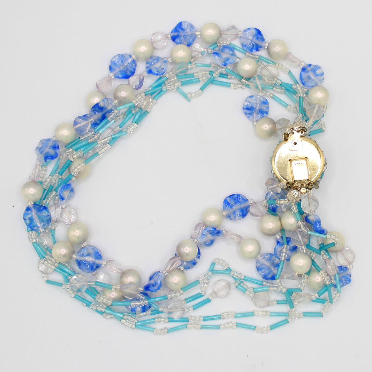 Vintage Japan 7-Strand Blue Swirled Art Glass Bead Faux Pearl Necklace