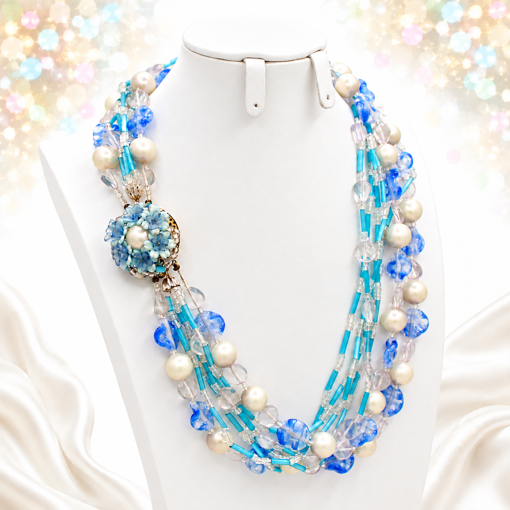 Vintage Japan 7-Strand Blue Swirled Art Glass Bead Faux Pearl Necklace