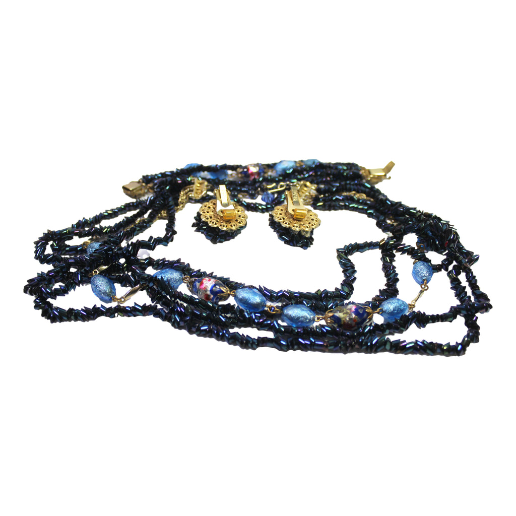 Vintage HOBE Blue Iridescent Carnival Art Glass Bead Necklace Bracelet Earrings Set