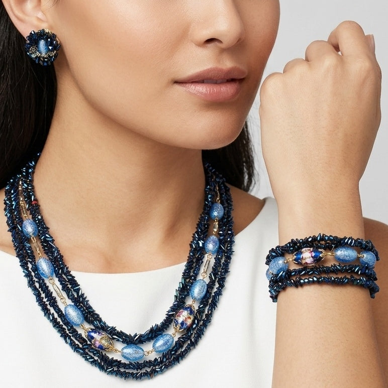 Vintage HOBE Blue Iridescent Carnival Art Glass Bead Necklace Bracelet Earrings Set