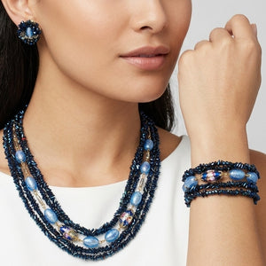 Vintage HOBE Blue Iridescent Carnival Art Glass Bead Necklace Bracelet Earrings Set