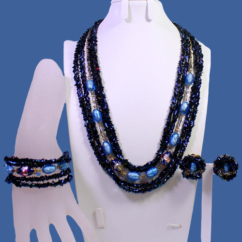Vintage HOBE Blue Iridescent Carnival Art Glass Bead Necklace Bracelet Earrings Set