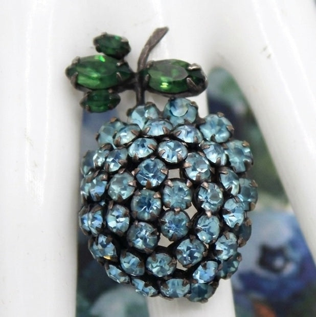 Vintage SCHREINER Blueberry Fruit Berry Blue Green Rhinestone Brooch