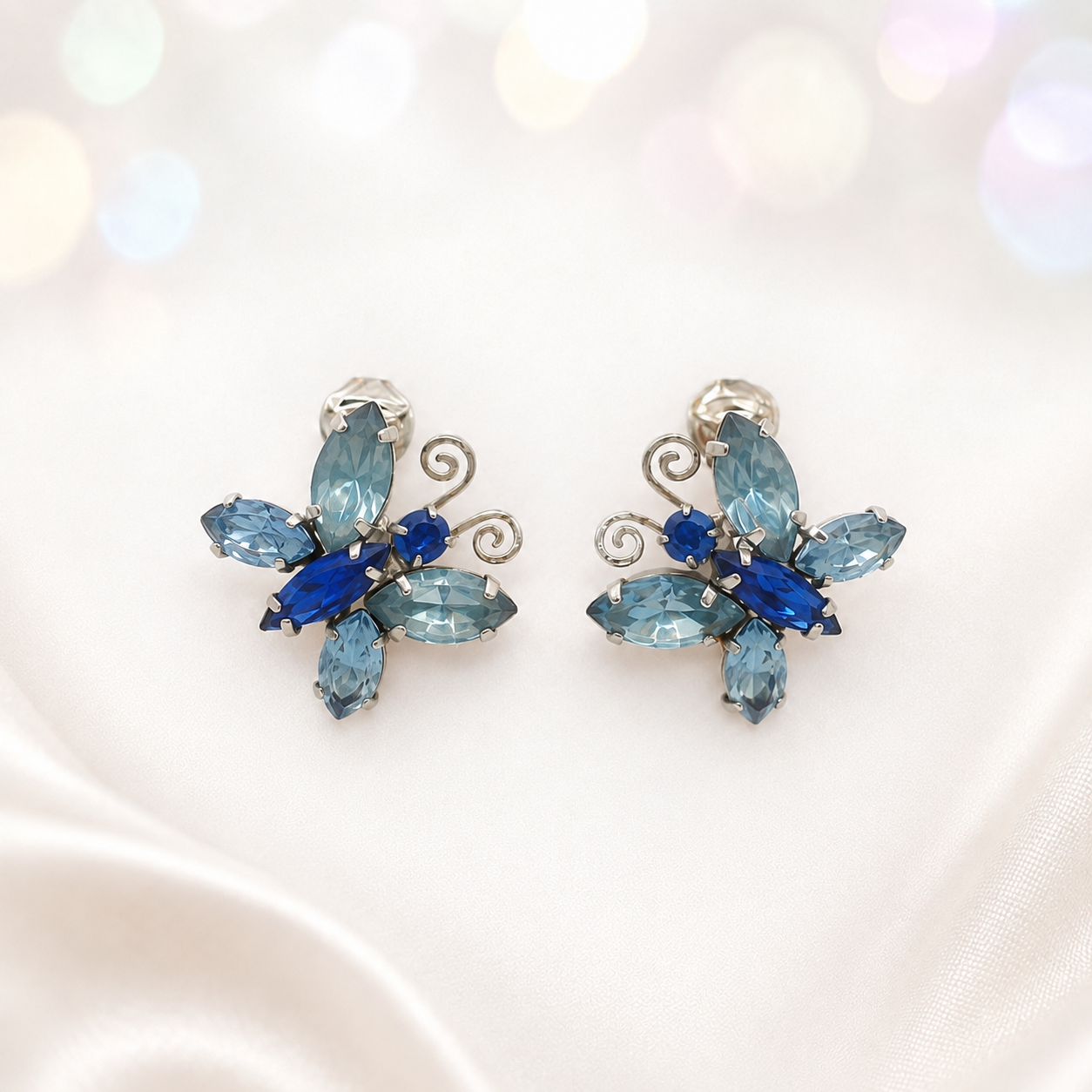 Vintage Juliana Blue Aqua Rhinestone Butterfly Figural Earrings IIJJ#9412