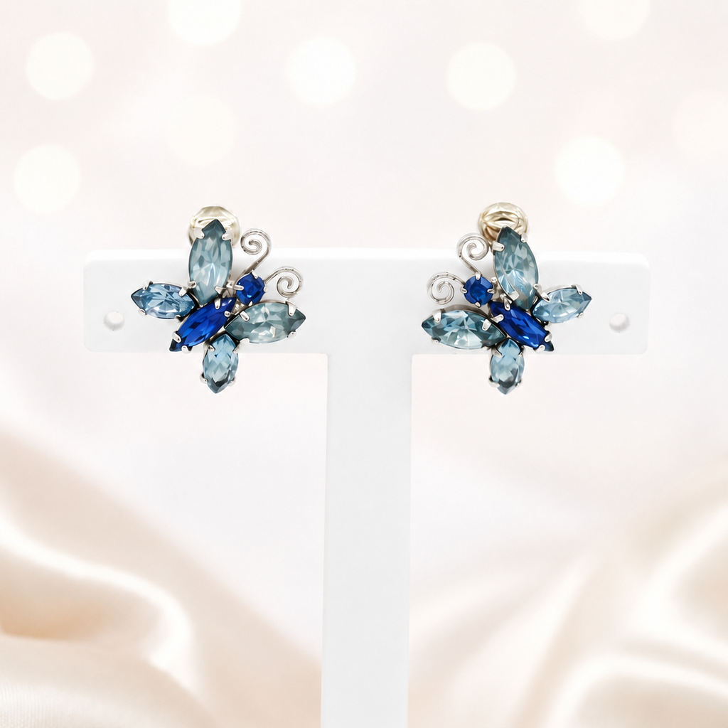 Vintage Juliana Blue Aqua Rhinestone Butterfly Figural Earrings IIJJ#9412