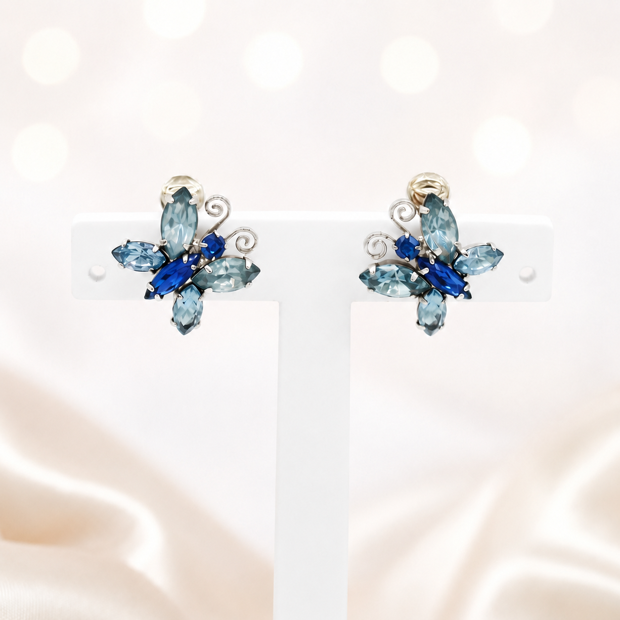 Vintage Juliana Blue Aqua Rhinestone Butterfly Figural Earrings IIJJ#9412