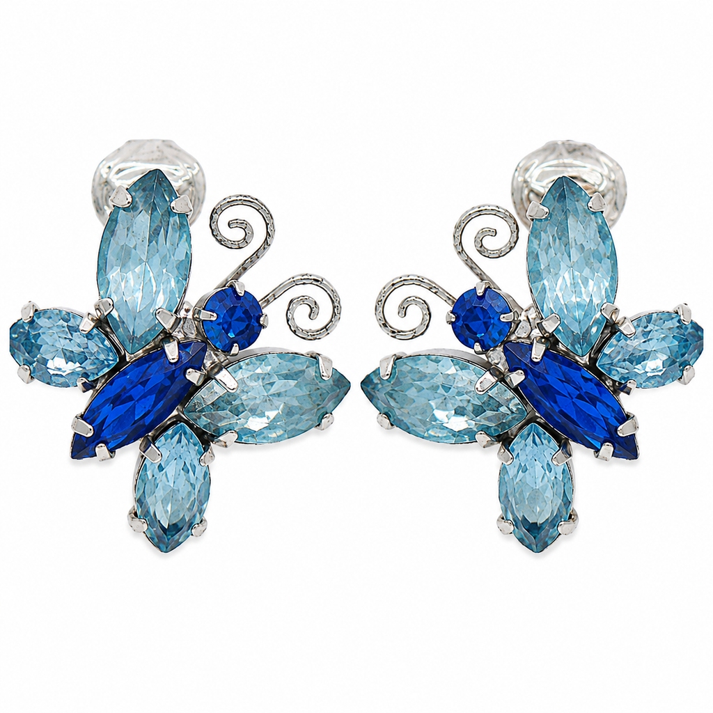 Vintage Juliana Blue Aqua Rhinestone Butterfly Figural Earrings IIJJ#9412