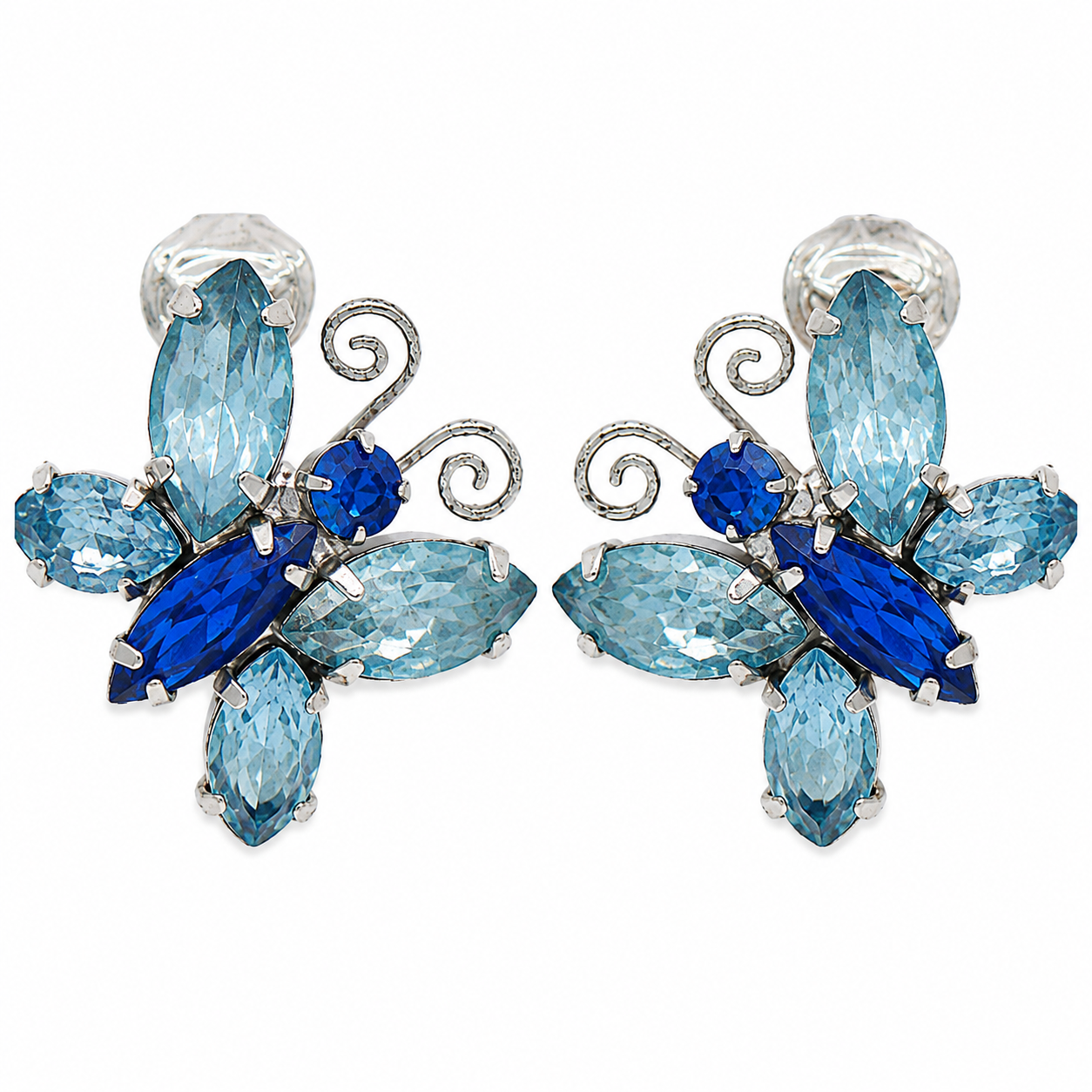 Vintage Juliana Blue Aqua Rhinestone Butterfly Figural Earrings IIJJ#9412