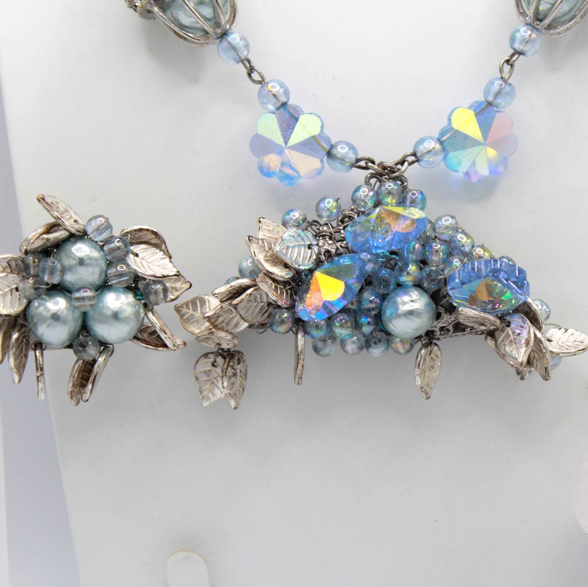 Vintage Coro Caged Blue Pearl Margarita Rhinestone Leaf Necklace Bracelet Earrings Parure