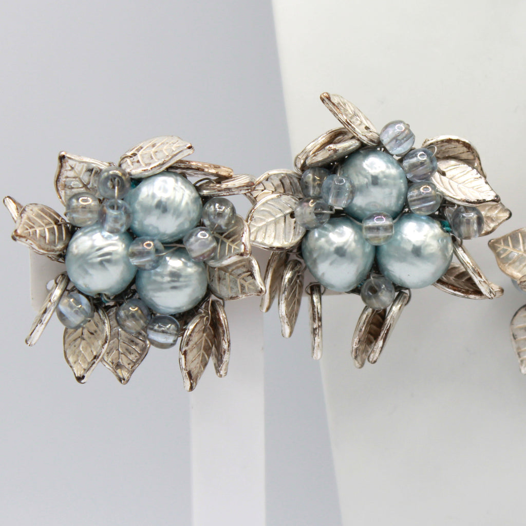 Vintage Coro Caged Blue Pearl Margarita Rhinestone Leaf Necklace Bracelet Earrings Parure