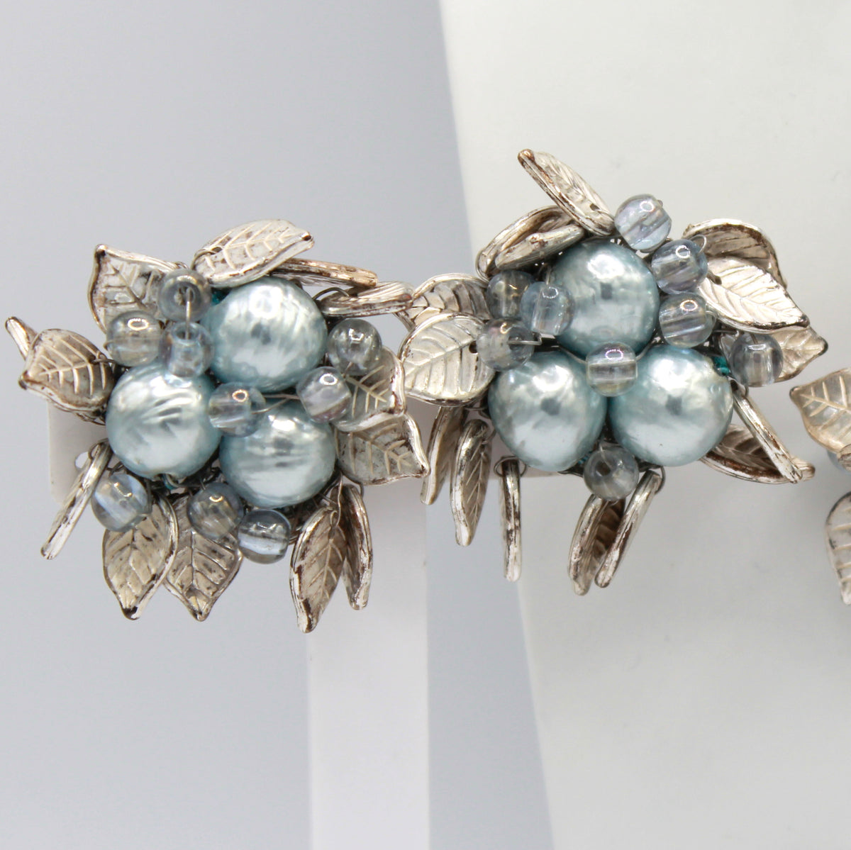 Vintage Coro Caged Blue Pearl Margarita Rhinestone Leaf Necklace Bracelet Earrings Parure