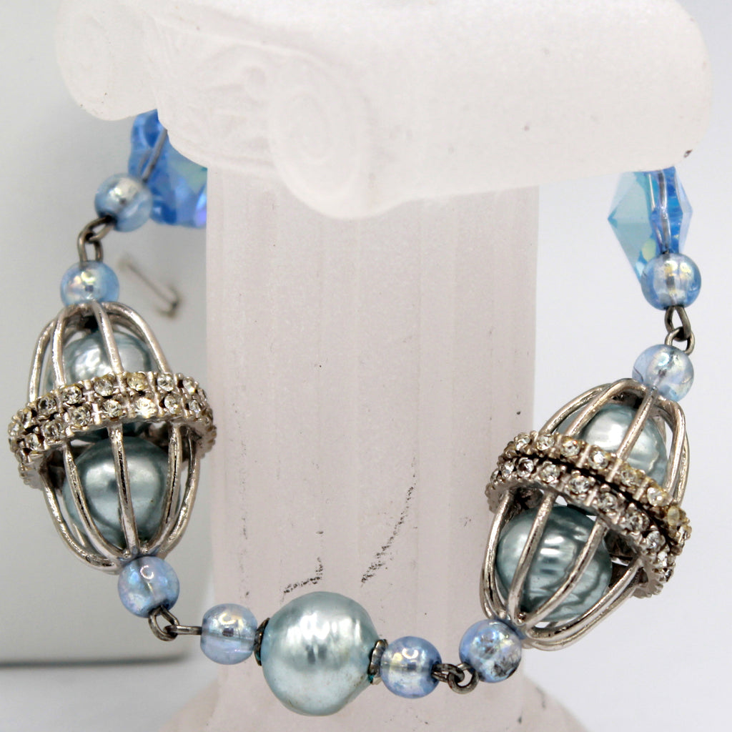 Vintage Coro Caged Blue Pearl Margarita Rhinestone Leaf Necklace Bracelet Earrings Parure