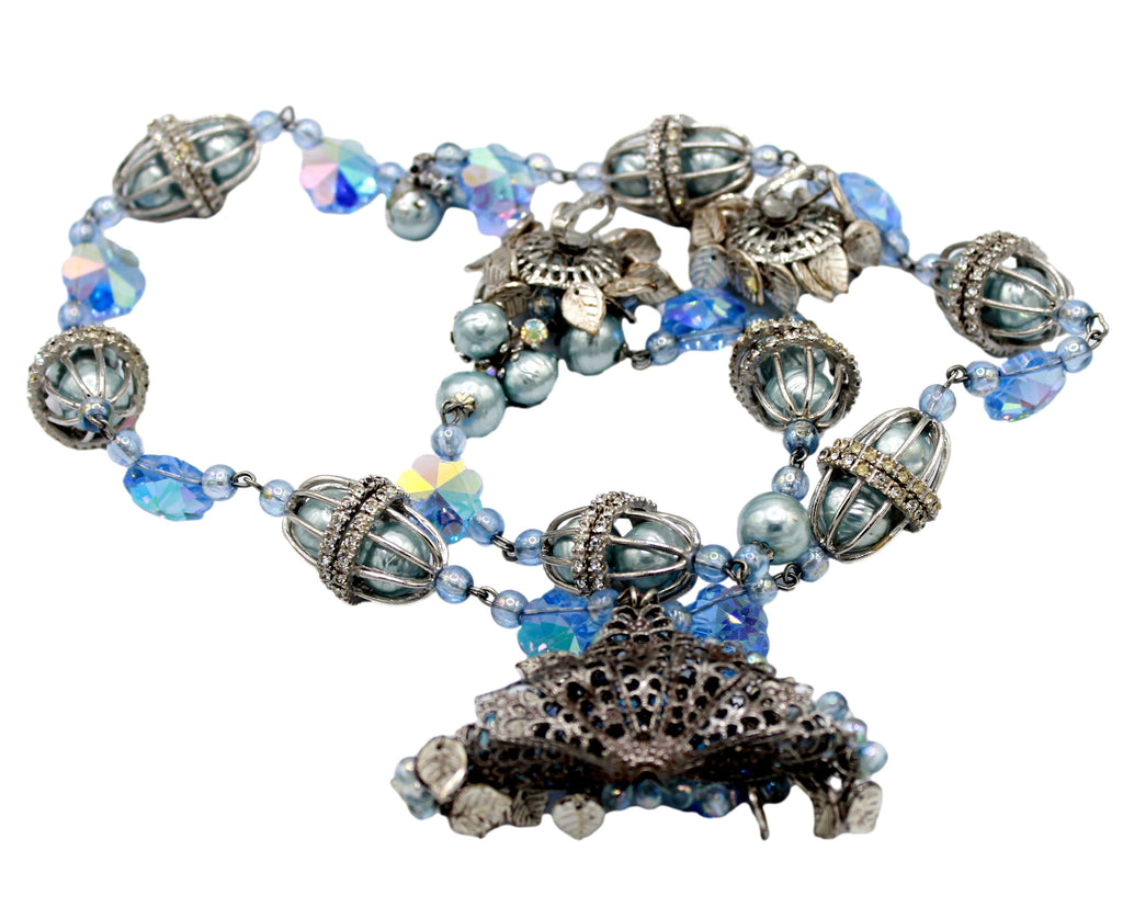 Vintage CORO Caged Blue Pearl Margarita Leaf Rhinestone Necklace Bracelet Earrings Set