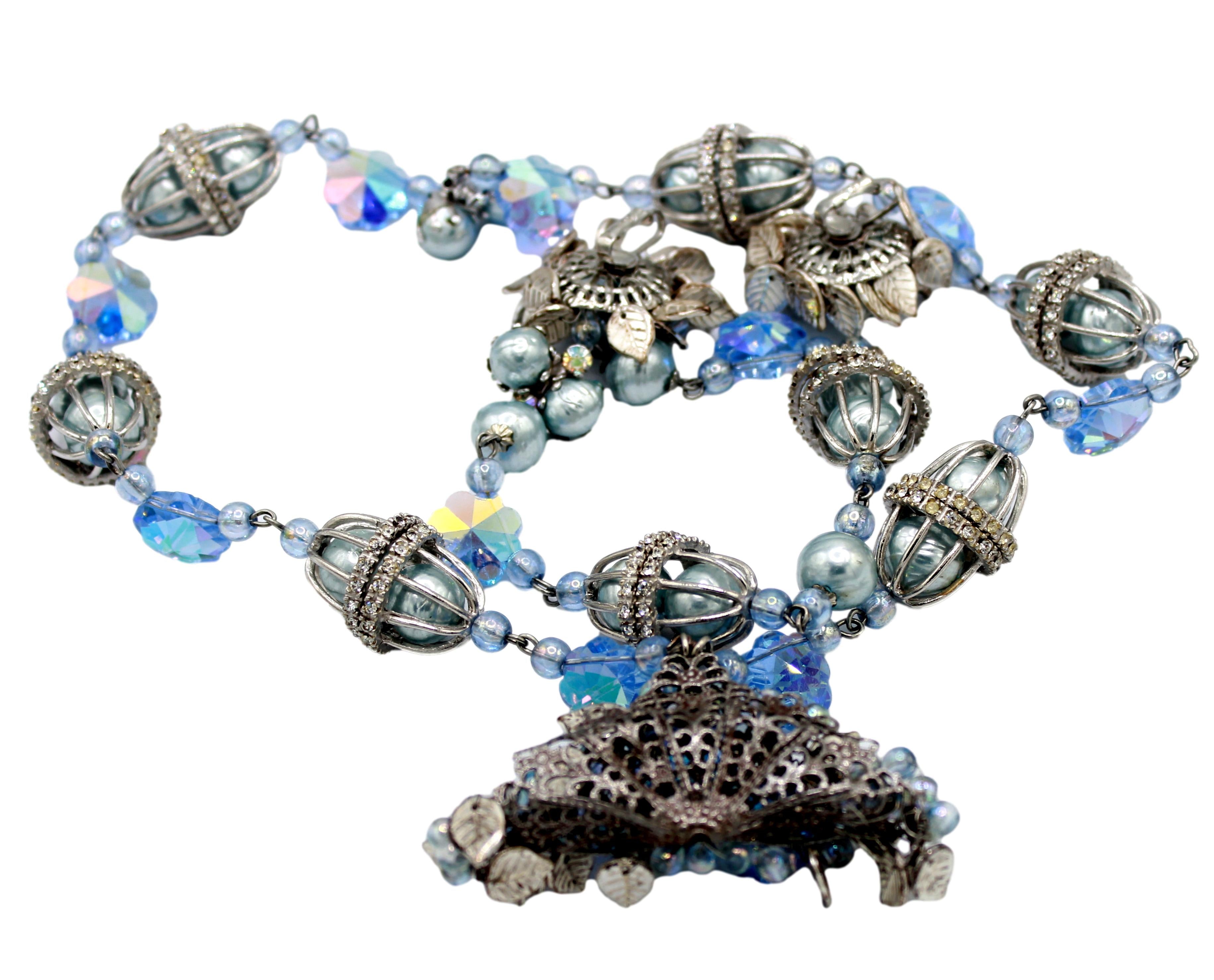 Vintage CORO Caged Blue Pearl Margarita Leaf Rhinestone Necklace Bracelet Earrings Set