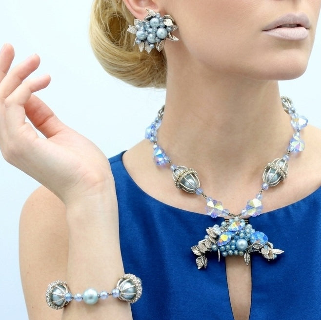 Vintage CORO Caged Blue Pearl Margarita Leaf Rhinestone Necklace Bracelet Earrings Set