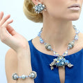 Vintage CORO Caged Blue Pearl Margarita Leaf Rhinestone Necklace Bracelet Earrings Set