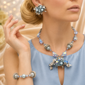 Vintage Coro Caged Blue Pearl Margarita Rhinestone Leaf Necklace Bracelet Earrings Parure