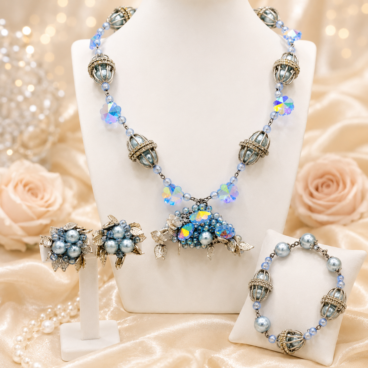 Vintage Coro Caged Blue Pearl Margarita Rhinestone Leaf Necklace Bracelet Earrings Parure
