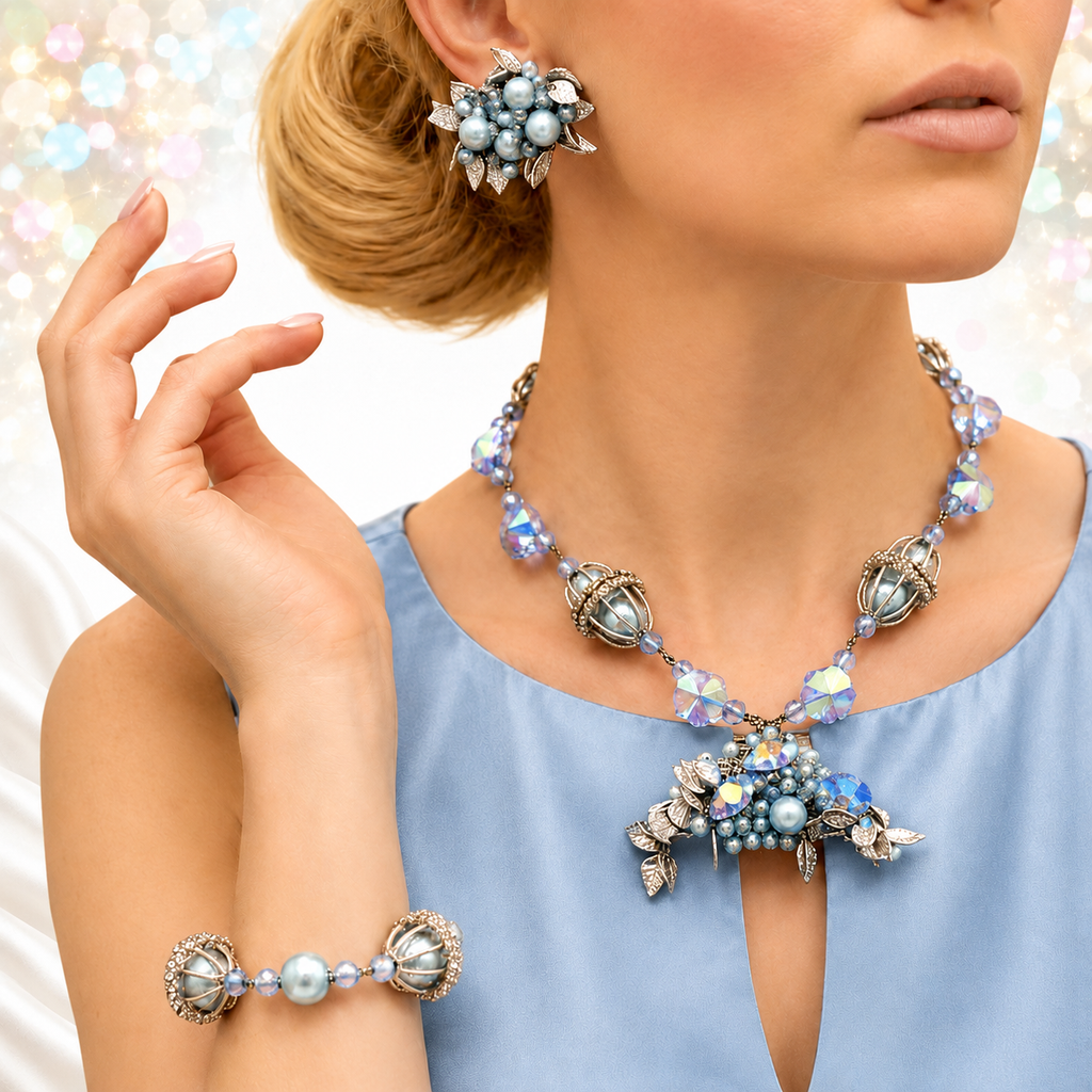 Vintage Coro Caged Blue Pearl Margarita Rhinestone Leaf Necklace Bracelet Earrings Parure