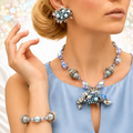 Vintage Coro Caged Blue Pearl Margarita Rhinestone Leaf Necklace Bracelet Earrings Parure