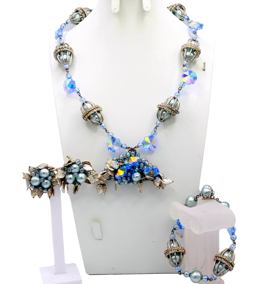 Vintage CORO Caged Blue Pearl Margarita Leaf Rhinestone Necklace Bracelet Earrings Set