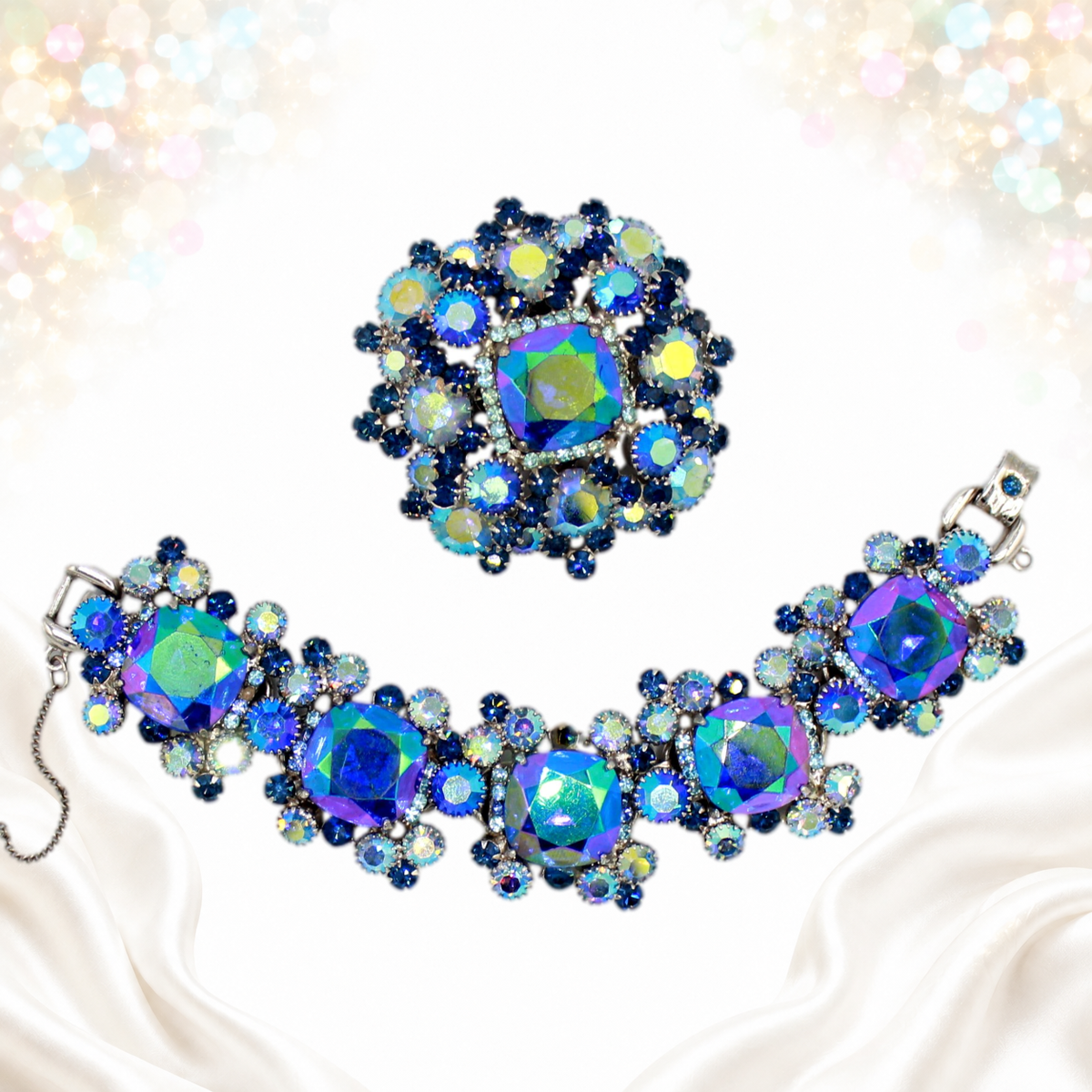 Vintage Juliana Square Cushion Blue AB Rhinestone Brooch Bracelet Set IIJJ#9641