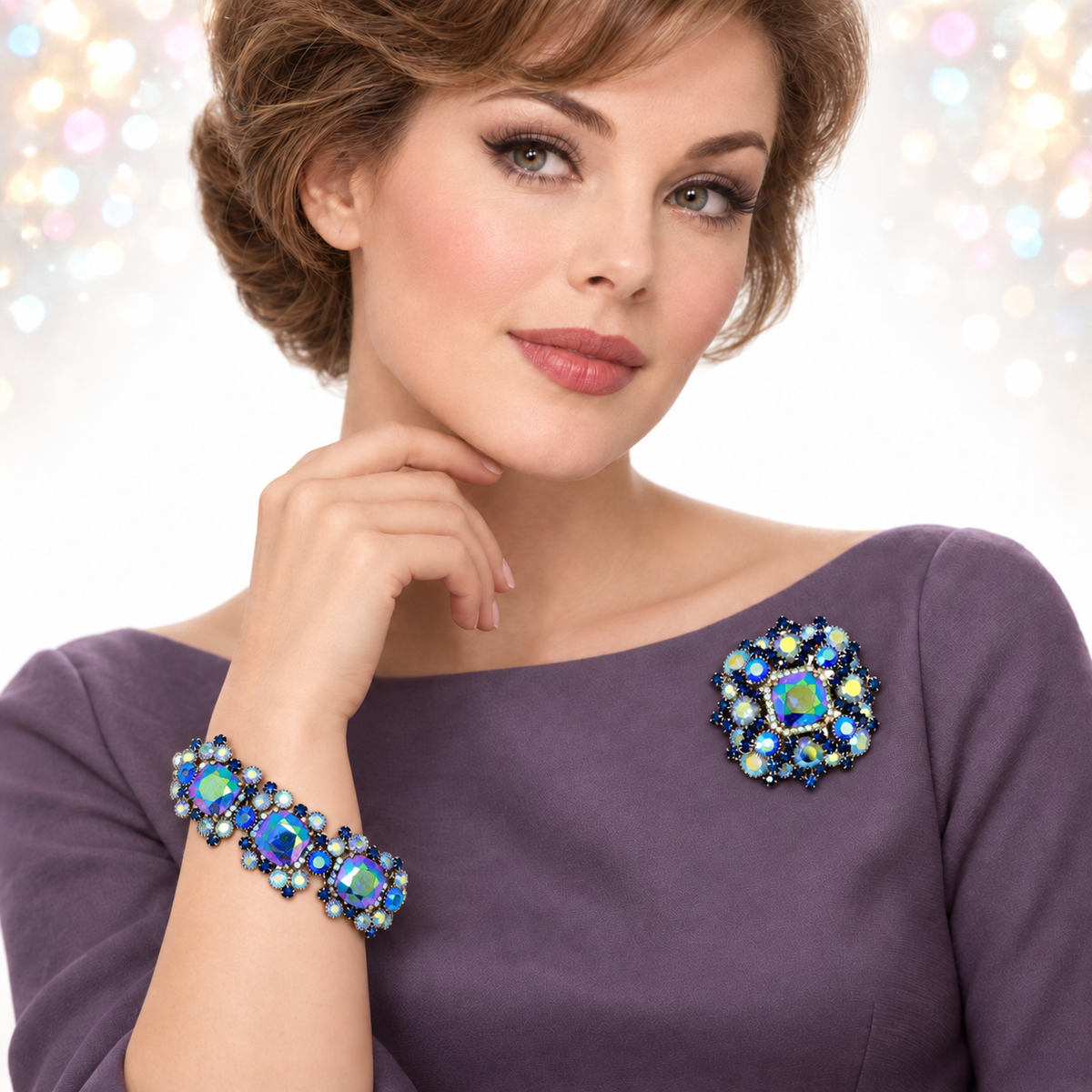 Vintage Juliana Square Cushion Blue AB Rhinestone Brooch Bracelet Set IIJJ#9641