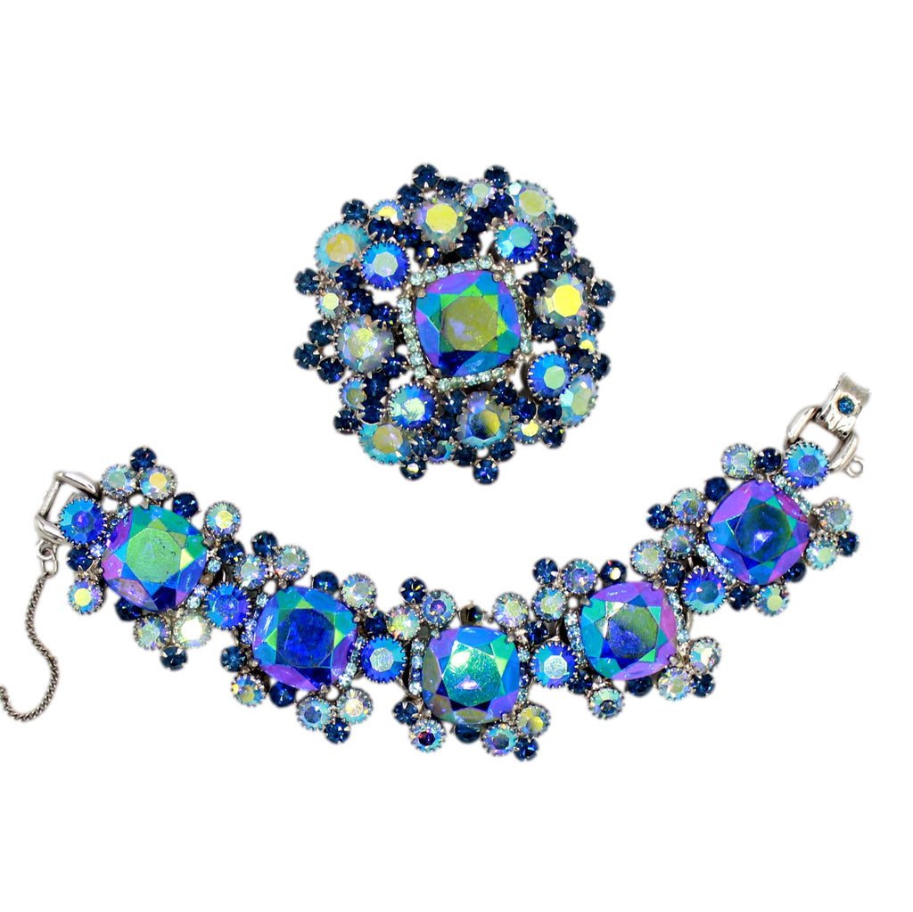 Vintage Juliana Square Cushion Blue AB Rhinestone Brooch Bracelet Set IIJJ#9641