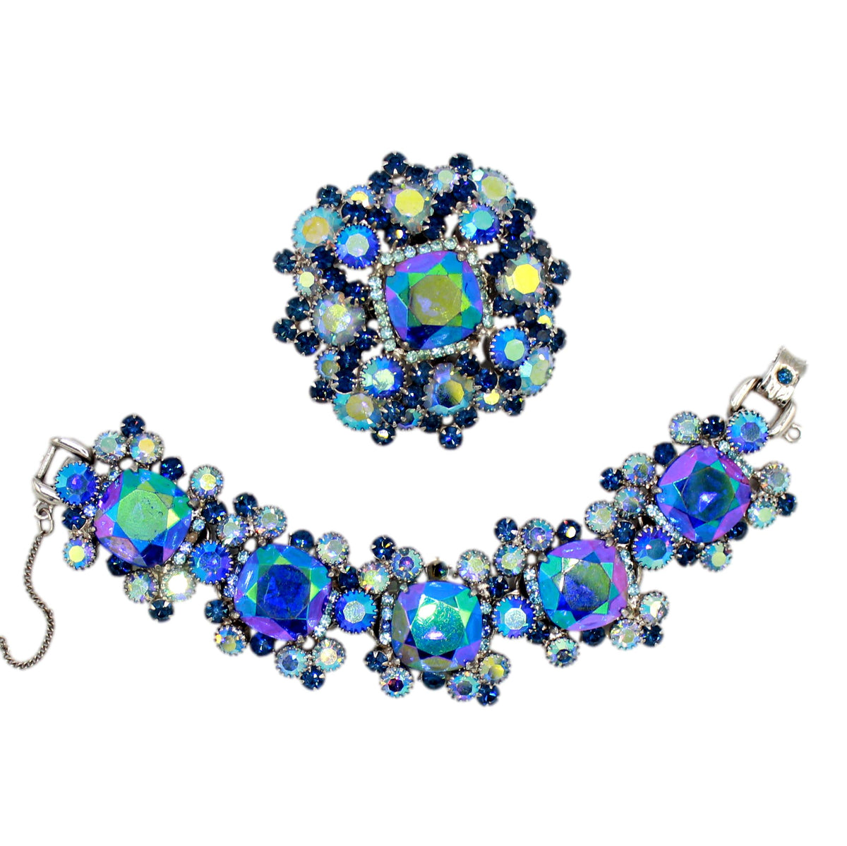 Vintage Juliana Square Cushion Blue AB Rhinestone Brooch Bracelet Set IIJJ#9641