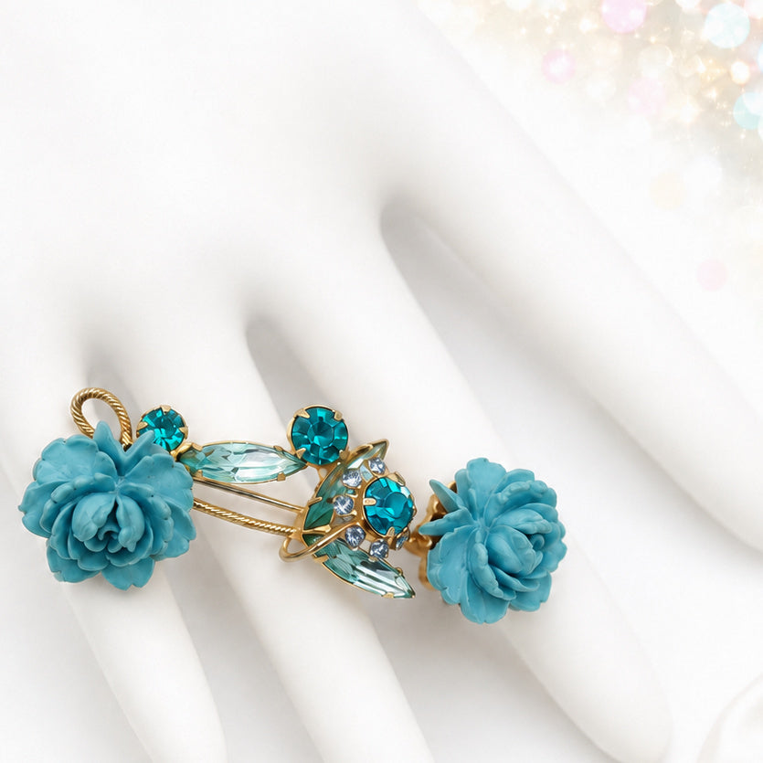 Vintage Juliana Blue Resin Rose Aqua Rhinestone Figural Brooch IIJJ#9411