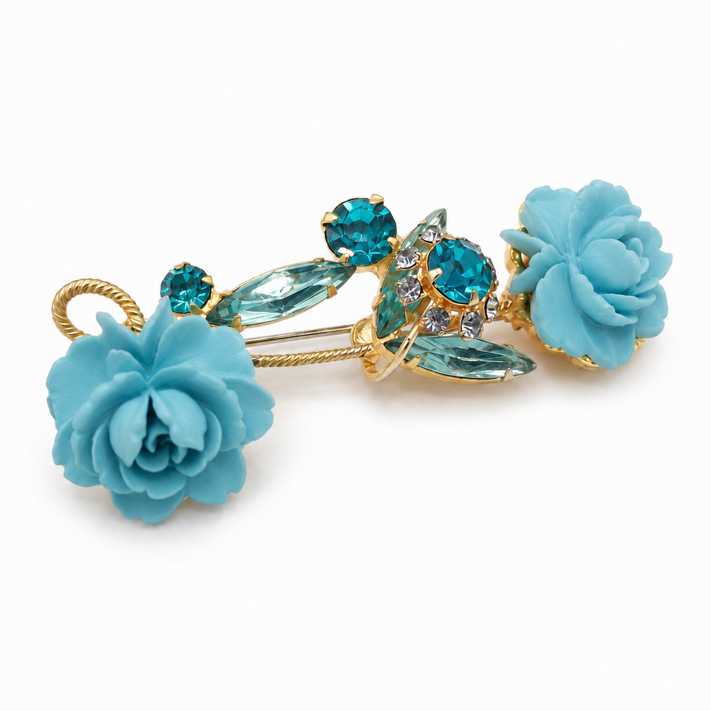 Vintage Juliana Blue Resin Rose Aqua Rhinestone Figural Brooch IIJJ#9411