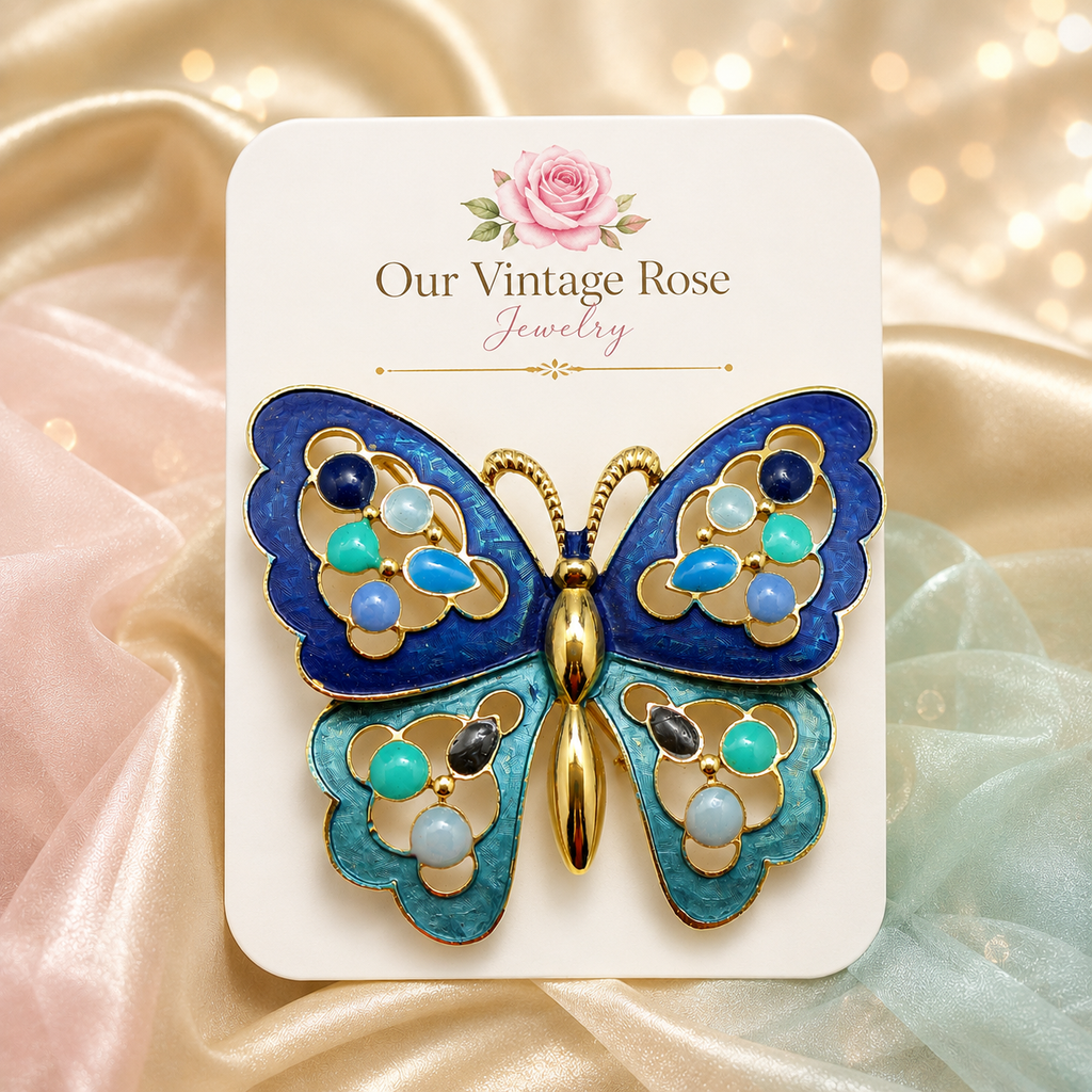 Vintage Juliana Blue Enamel Epoxy Dot Butterfly Pendant Brooch Book Piece IIJJ#142