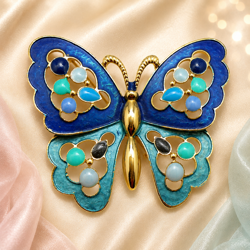 Vintage Juliana Blue Enamel Epoxy Dot Butterfly Pendant Brooch Book Piece IIJJ#142