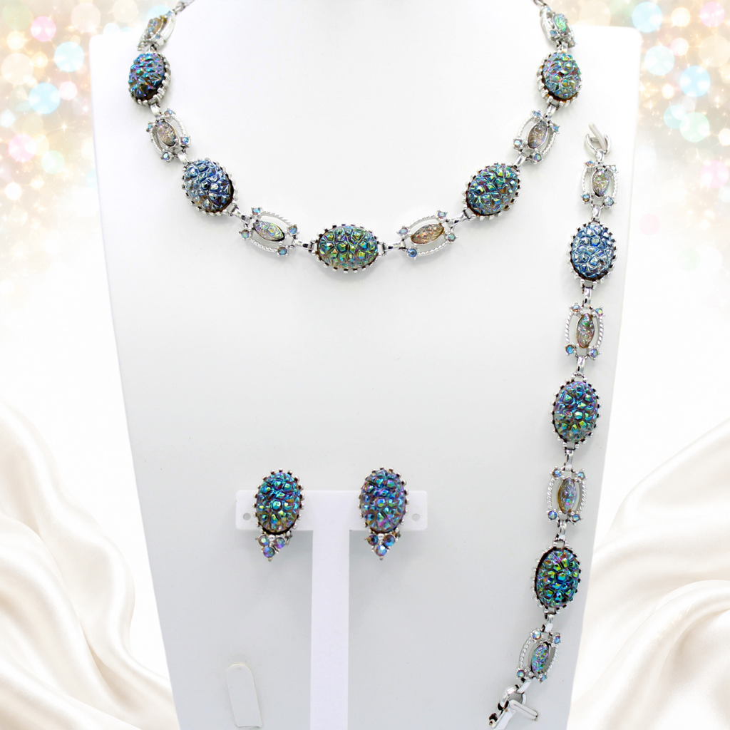 Vintage Blue Iridescent Carnival Glass Geode Rhinestone Necklace Bracelet Earrings Set