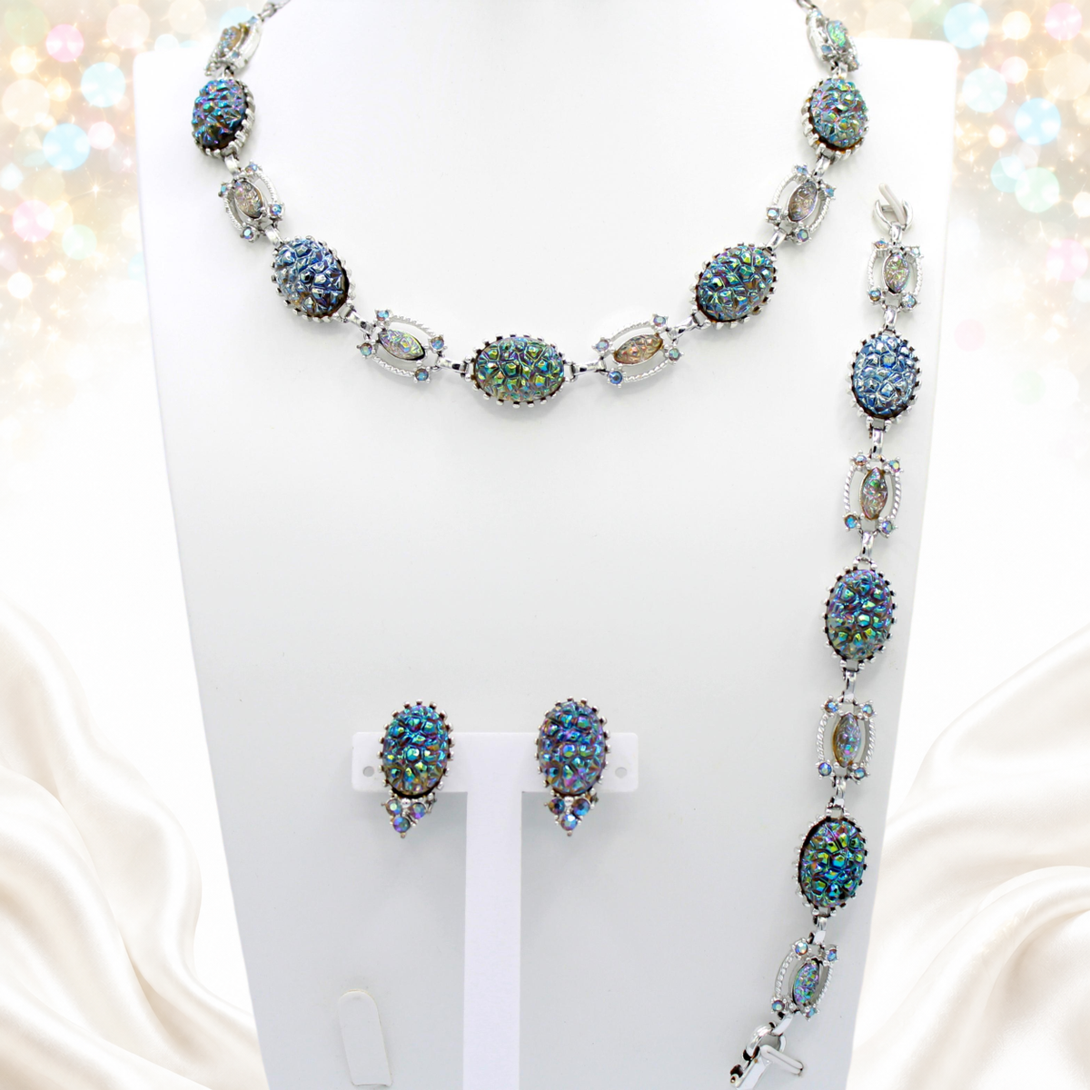 Vintage Blue Iridescent Carnival Glass Geode Rhinestone Necklace Bracelet Earrings Set