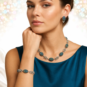 Vintage Blue Iridescent Carnival Glass Geode Rhinestone Necklace Bracelet Earrings Set