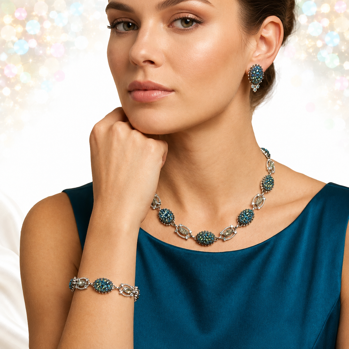Vintage Blue Iridescent Carnival Glass Geode Rhinestone Necklace Bracelet Earrings Set