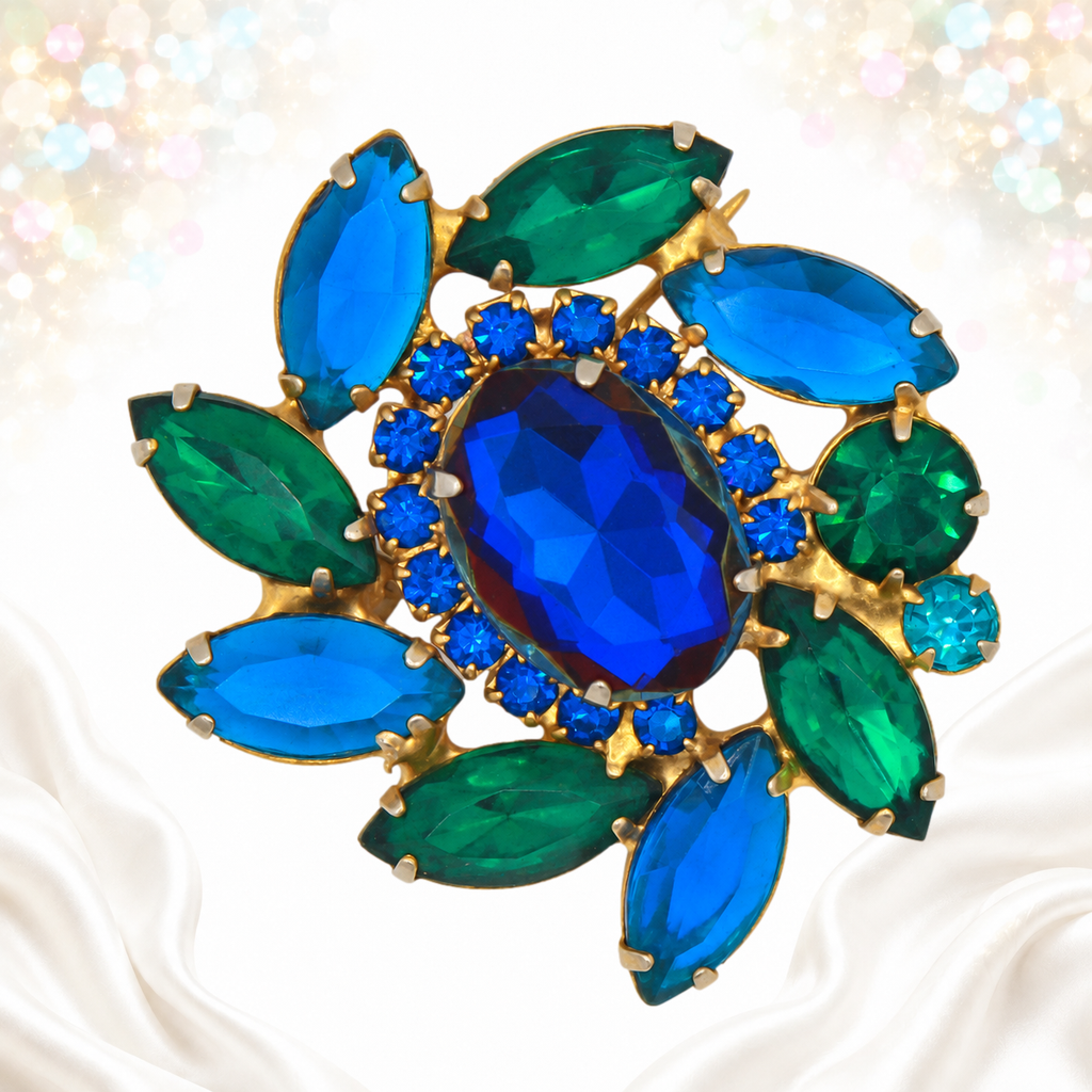 Vintage Juliana Bermuda Blue Green Rhinestone Brooch IIJJ#9580