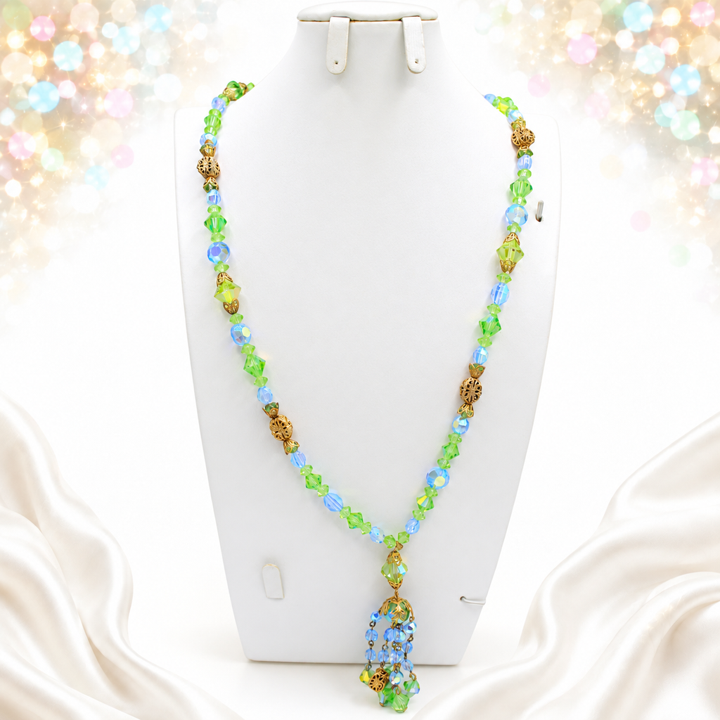 Vintage Blue Green Crystal Bead Filigree Tassel Necklace