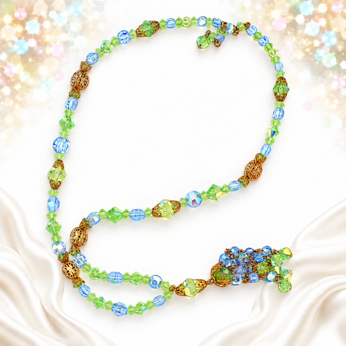 Vintage Blue Green Crystal Bead Filigree Tassel Necklace