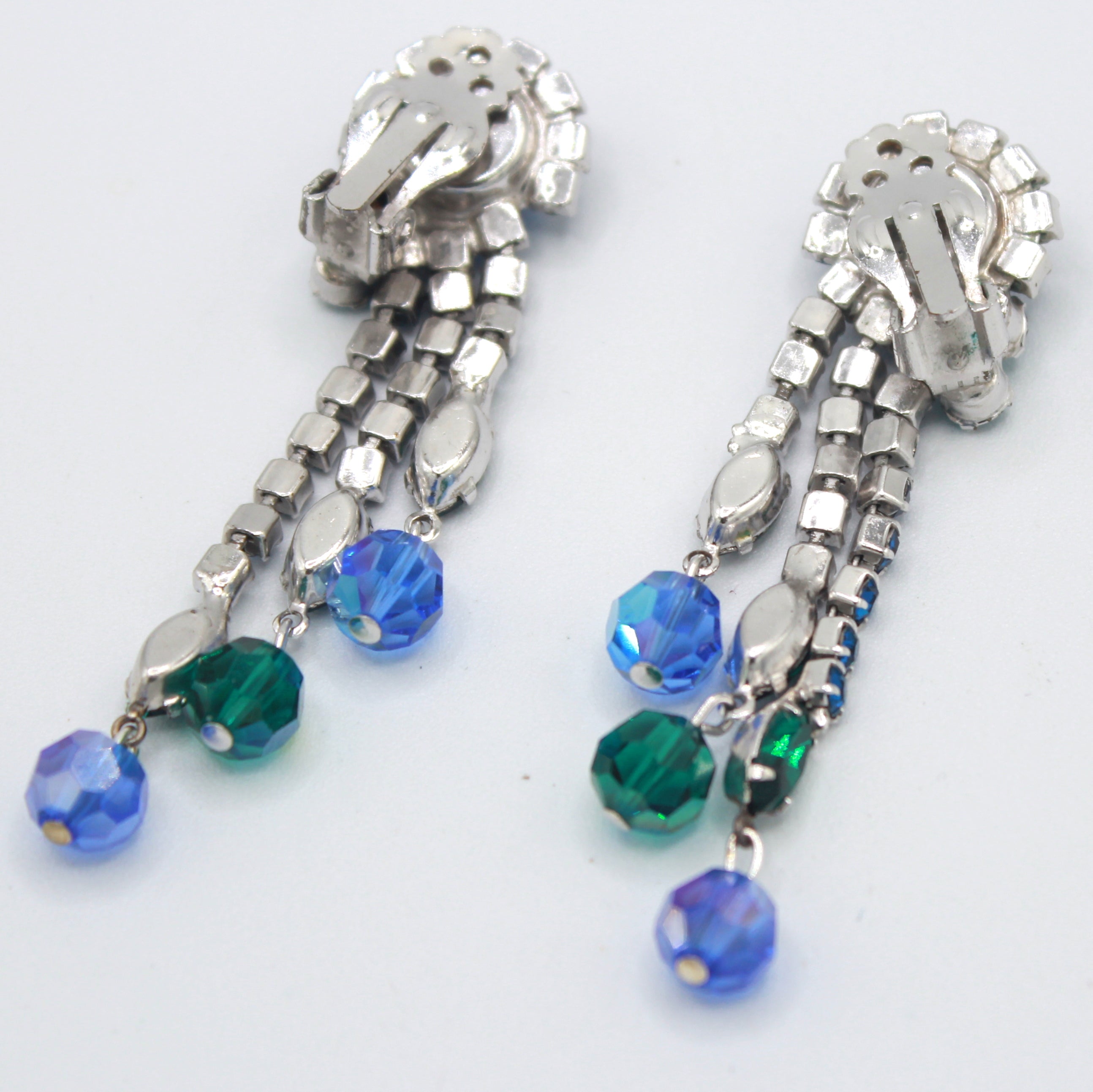 Vintage Juliana Blue Green Rhinestone Crystal Bead Dangle Earrings IIJJ#6282