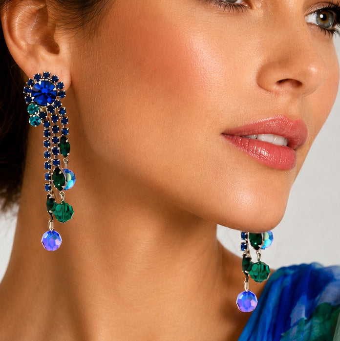 Vintage Juliana Blue Green Rhinestone Crystal Bead Dangle Earrings IIJJ#6282