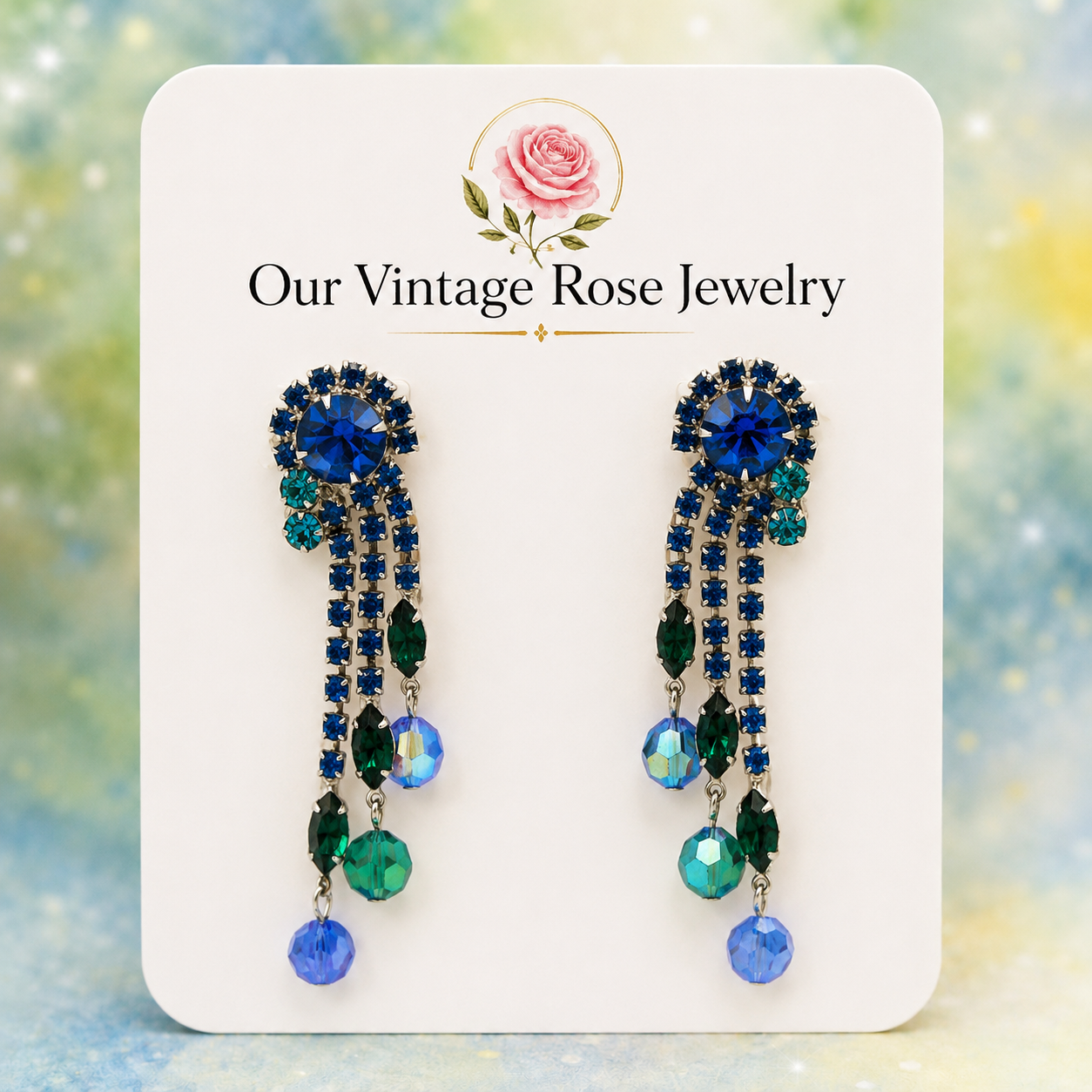 Vintage Juliana Blue Green Rhinestone Crystal Bead Dangle Earrings IIJJ#6282