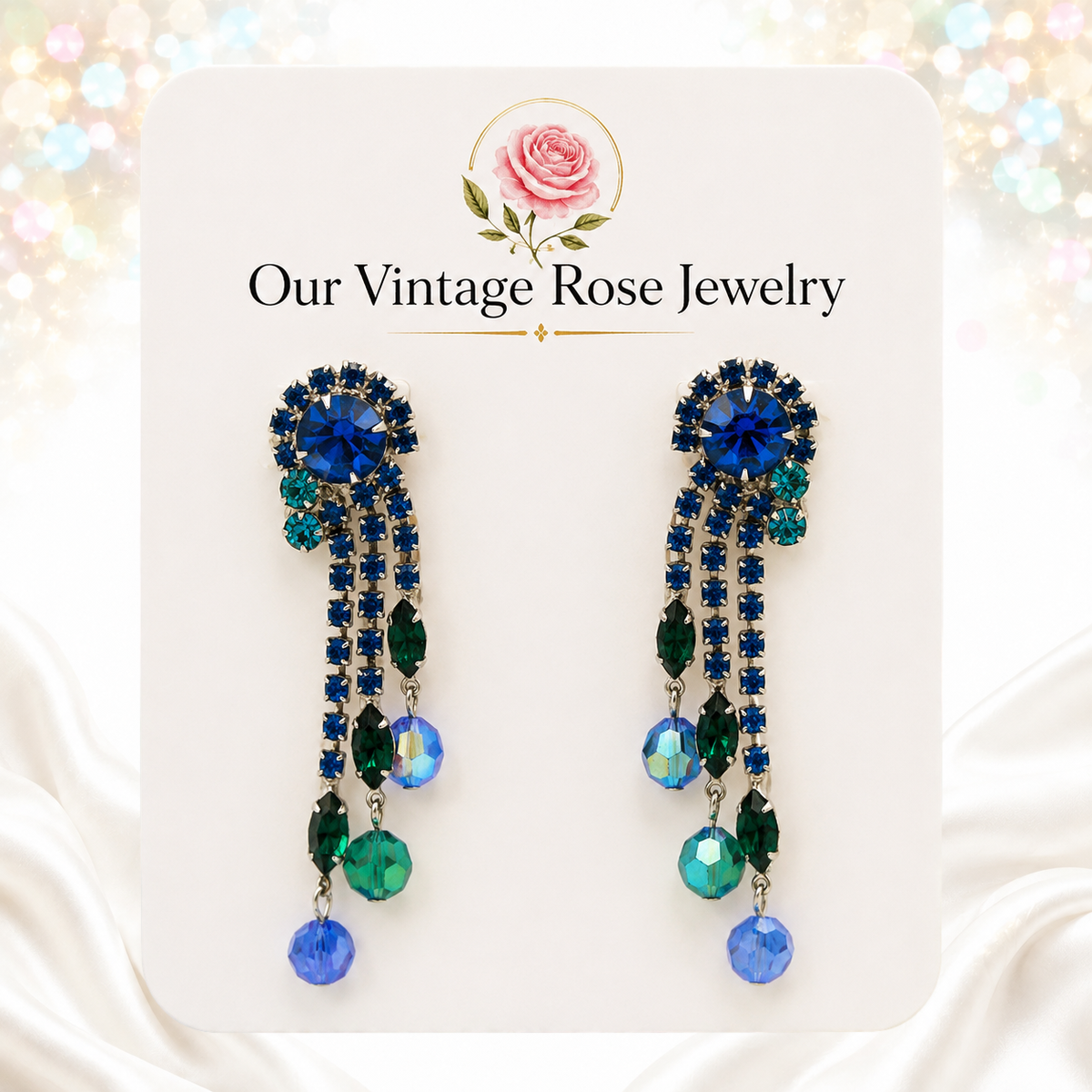 Vintage Juliana Blue Green Rhinestone Crystal Bead Dangle Earrings IIJJ#6282